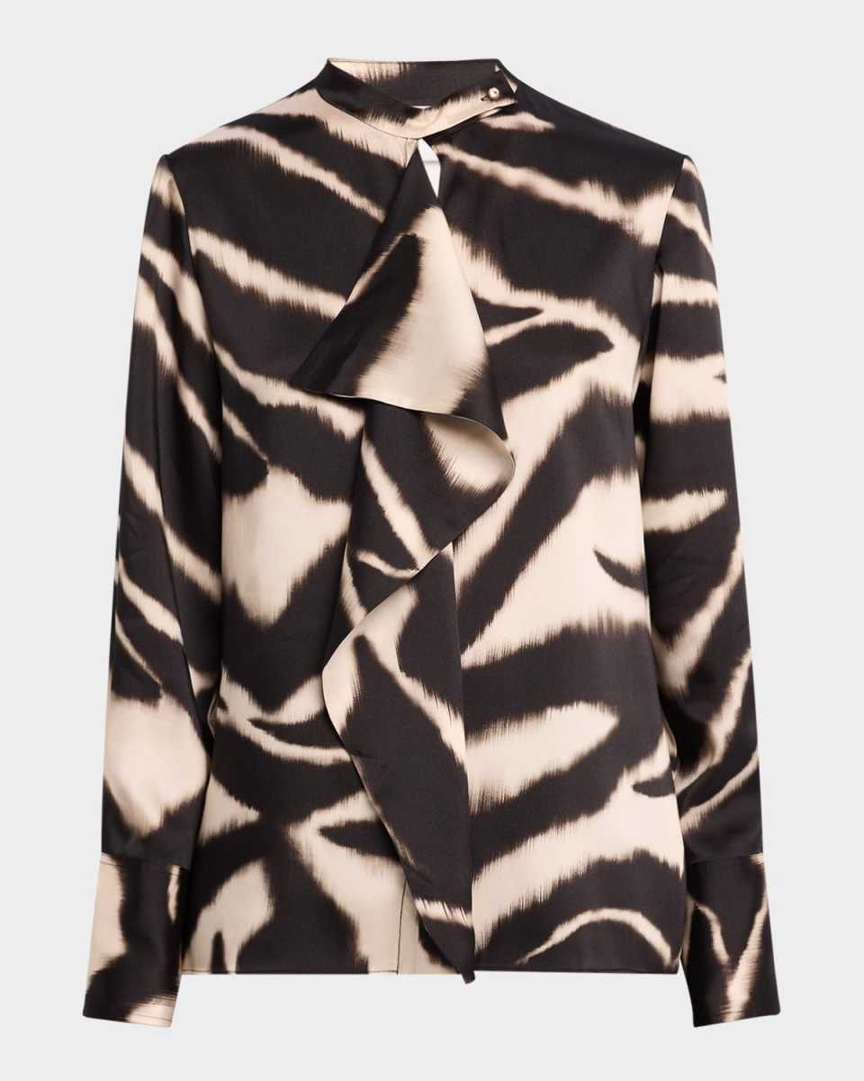 Zebra-Print Ruffle Long-Sleeve Blouse